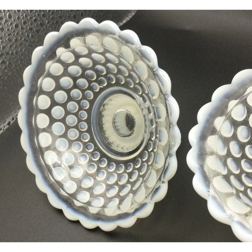 Vintage Anchor Hocking Set 2 White Opalescent Hobnail Moonstone Candle Holders
